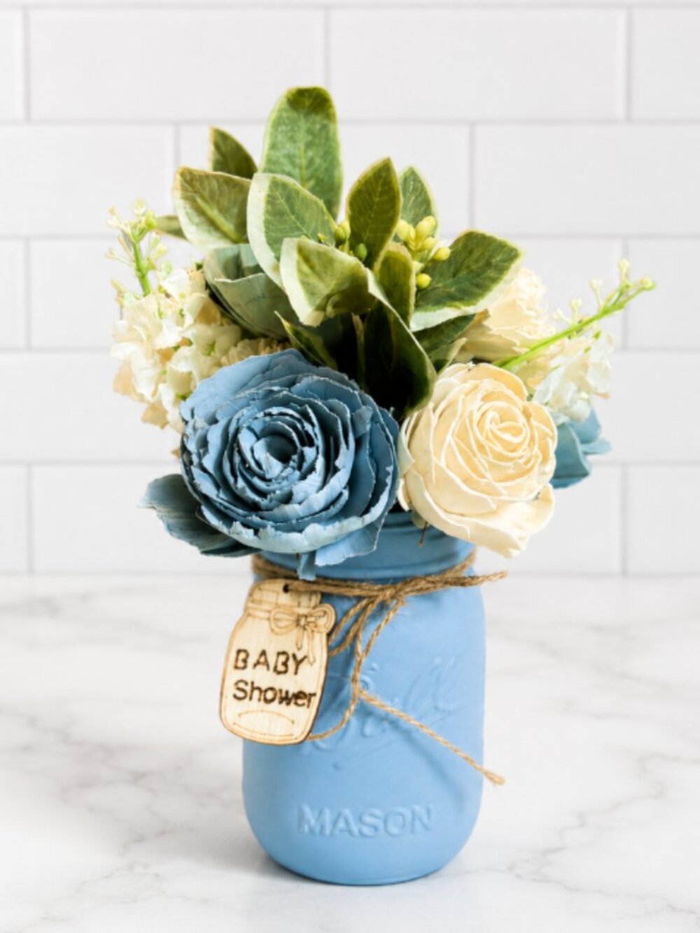 Blue Cream Sola Wood Floral Arrangement Mason Jar Baby Boy Shower Nursery Decor